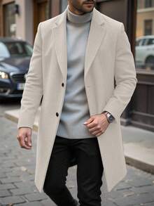 Manfinity Mode 男士纯色翻领单排扣休闲大衣，秋冬男士长款大衣，米色/奶油色/米色/欧式休闲风 - 杏色 - 查看 1