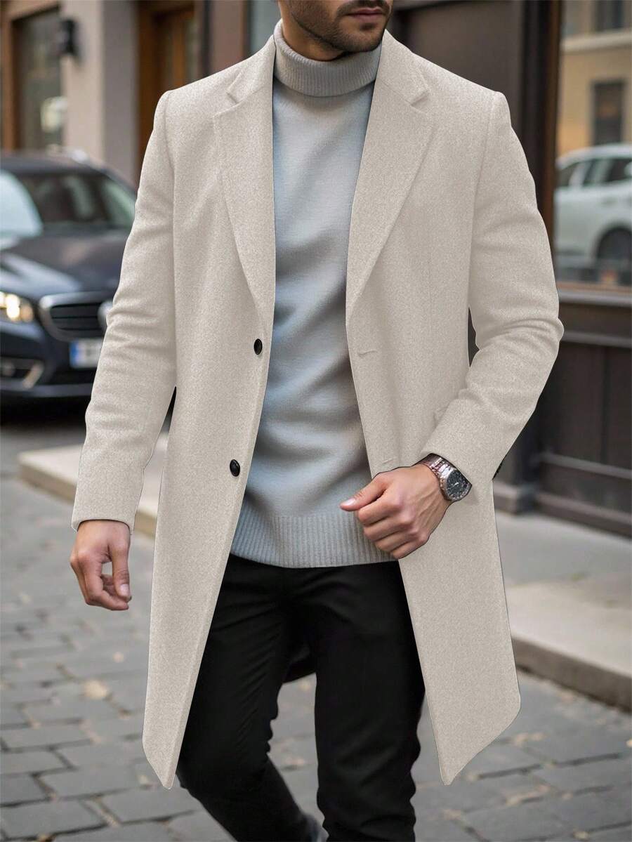 Manfinity Mode 男士纯色翻领单排扣休闲大衣，秋冬男士长款大衣，米色/奶油色/米色/欧式休闲风 - 杏色 - 查看 1