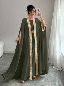 Rafferiza Women's Elegant 2 Pieces Set: Ribbon Trim Batwing Sleeve Outerwear And Sleeveless Dress Open Abaya Abayas Dubai Luxury Arabic Dress Dress With Cape Dress Modest - Army Green - View 7