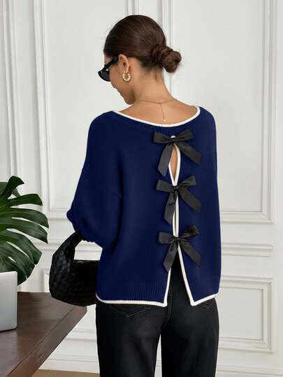 Serisse Women's Loose Fit Crew Neck Long Sleeve Sweater With Bow Decor On Back, Autumn/Winter Casual Blue,Fall,Fall Clothes For Women,Winter Clothes For Women