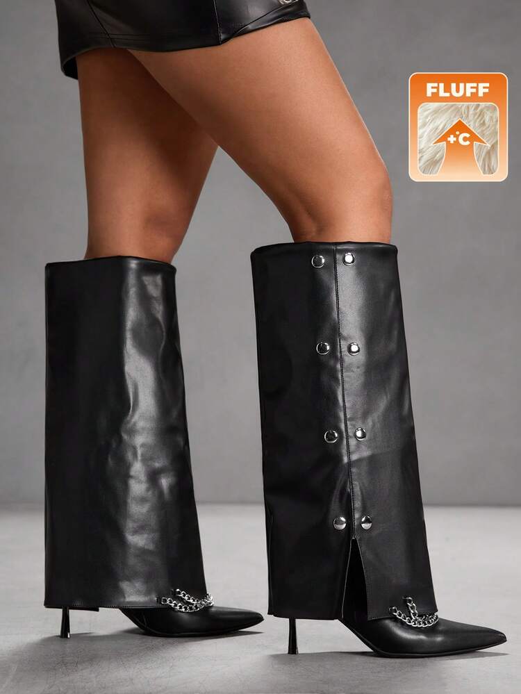 CUCCOO SZL Women's Fashionable Chain Decor Metal Pointed Toe High Boots, Autumn