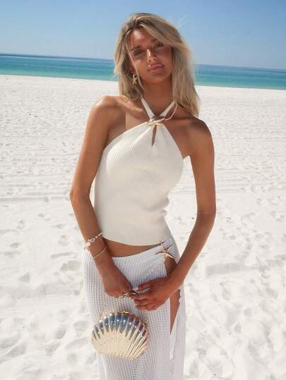 Sydney Algeri Halter Neck Knitted Tops Women, Metal Button Decorated Tops, Autumn Women's Clothing, Tube Tops Streetwear Women, Oing Out Tops Women Knit Top,Back To School Clothes Sexy Tops Women,Halter Tops