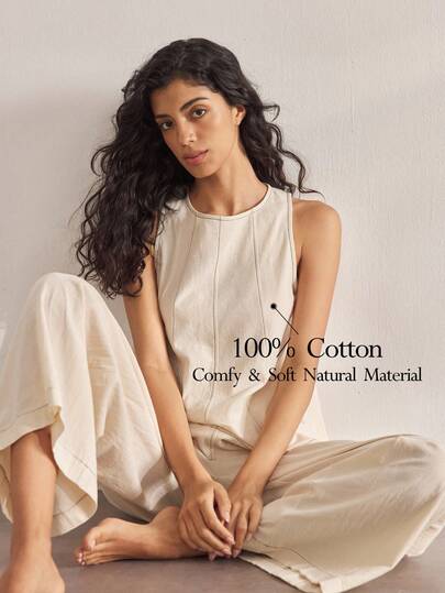 Ocili 休闲 100% 纯棉舒适简约吊带背心和裤子女士睡衣套装，别致的秋季睡眠