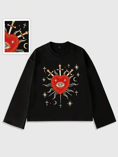 Men's Heart Print Crew Neck Casual Loose Long Sleeve T-Shirt