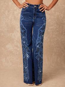Lumalex VITNOS Navy Blue Autumn 90s Wide Leg Cotton Denim Jeans,Laser Engraved Floral Pattern Rhinestone Embellished,Elegant Night Out Party Old Money Style - Blue - View 6