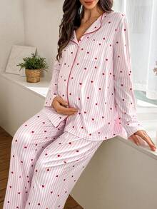 SHEIN 2pcs Striped Heart Print Lapel Long Sleeve Top And Pants Maternity Pajama Set, Winter