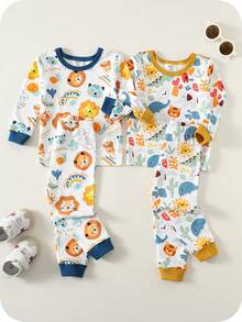 SHEIN 4pcs/Set Baby Boy Cute Casual Cartoon Pattern Colorblock Knit Long Sleeve Pajama Set, Basic Multi-Pack - Multicolor - View 3