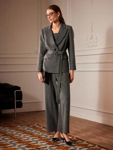 Uhlyne 女士休闲翻领长袖外套，不对称下摆无袖上衣和裤子套装，女士粗花呢两件套，女士家居服套装，女士套头衫套装，女士粗花呢两件套，女士家居服套装，女士套头衫套装 - 灰色 - 查看 5