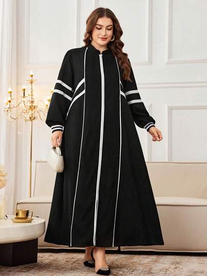 Al Najma Plus Size Women's Elegant Maxi Dress, Arabic Style Color Block Long Sleeve Knitted Ribbed Stand Collar Dress