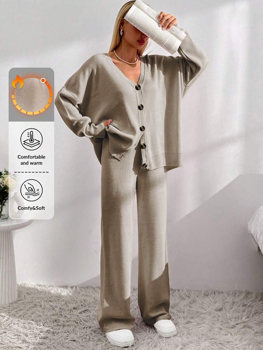 EURMUSE Drop Shoulder Cardigan & Tie Front Knit Pants - Brown - View 1