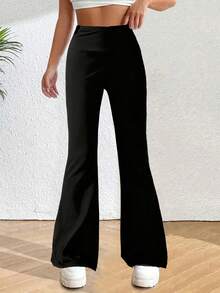 Lunelith SHEIN Lunessa Pantaloni lunghi a vita alta aderenti e svasati di colore unito casual da donna, pantaloni casual con gamba a zampa d'elefante per primavera/autunno, neri, vestibilità regular, per uso casual quotidiano