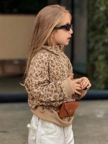 Dazy Kids 女童豹纹落肩拉链半开襟休闲宽松卫衣 - 卡其色 - 查看 5