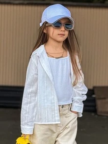 Dazy Kids 女童翻领纯色长袖梭织衬衫 - 白色 - 查看 4