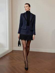 MOTF PREMIUM TWEED CONTRAST LAYERED RUFFLE HEM SKIRT - Blue - View 1