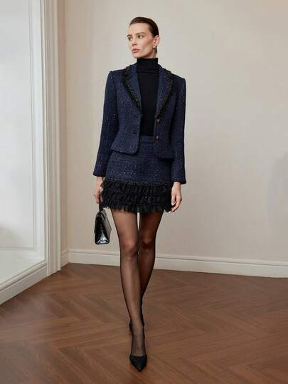 MOTF PREMIUM 粗花呢对比层叠荷叶边下摆短裙