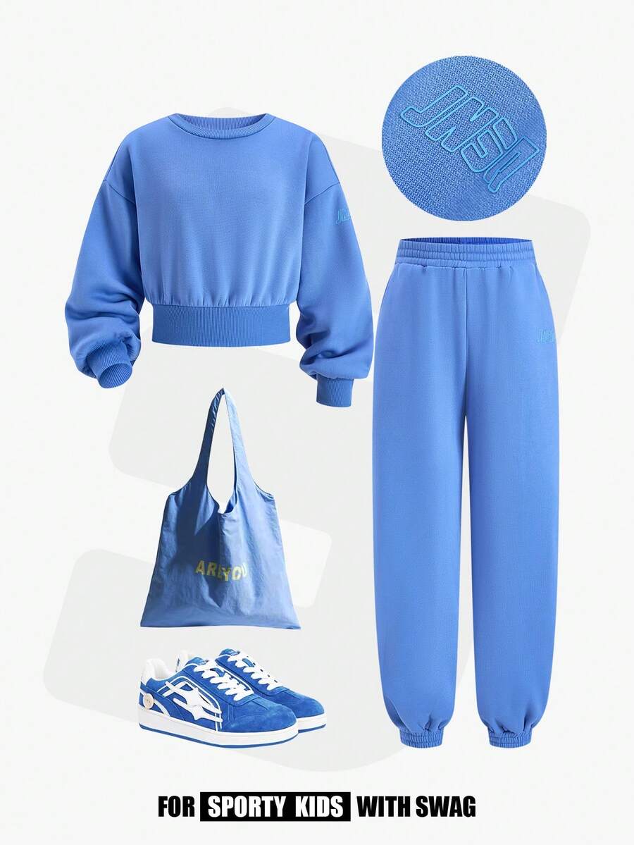 JNSQ Tween Girls 2pcs Outfit Set, Oversized Graphic Letter Print Fleece Sweatshirt Top And Relaxed Straight Leg Sweatpants, Suitable For Casual Wear, Outdoor Activities, Vacation, Streetwear, Party In Autumn And Winter - Baby Blue - View 1