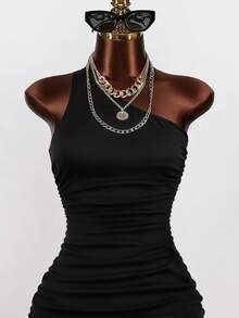 SHEIN Unity Vestido ajustado de un hombro fruncido - Negro - Ver 3