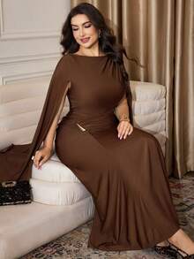 Modelyn Plus Size Women Solid Color Boat Neck Ruched Metal Decor Elegant Dress Chocolate Brown Dress Dress With Cape Long Brown Dress Brown Elegant Dress Women Brown Sexy Dress - Rust Brown - View 7