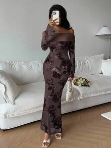 Serisse Women's Elegant Floral Embroidery Off-Shoulder Mid-Length Dress, Autumn Winter Brown Long Bodycon Dress Long Sleeve Elegant Dress Spring - Coffee Brown - View 1