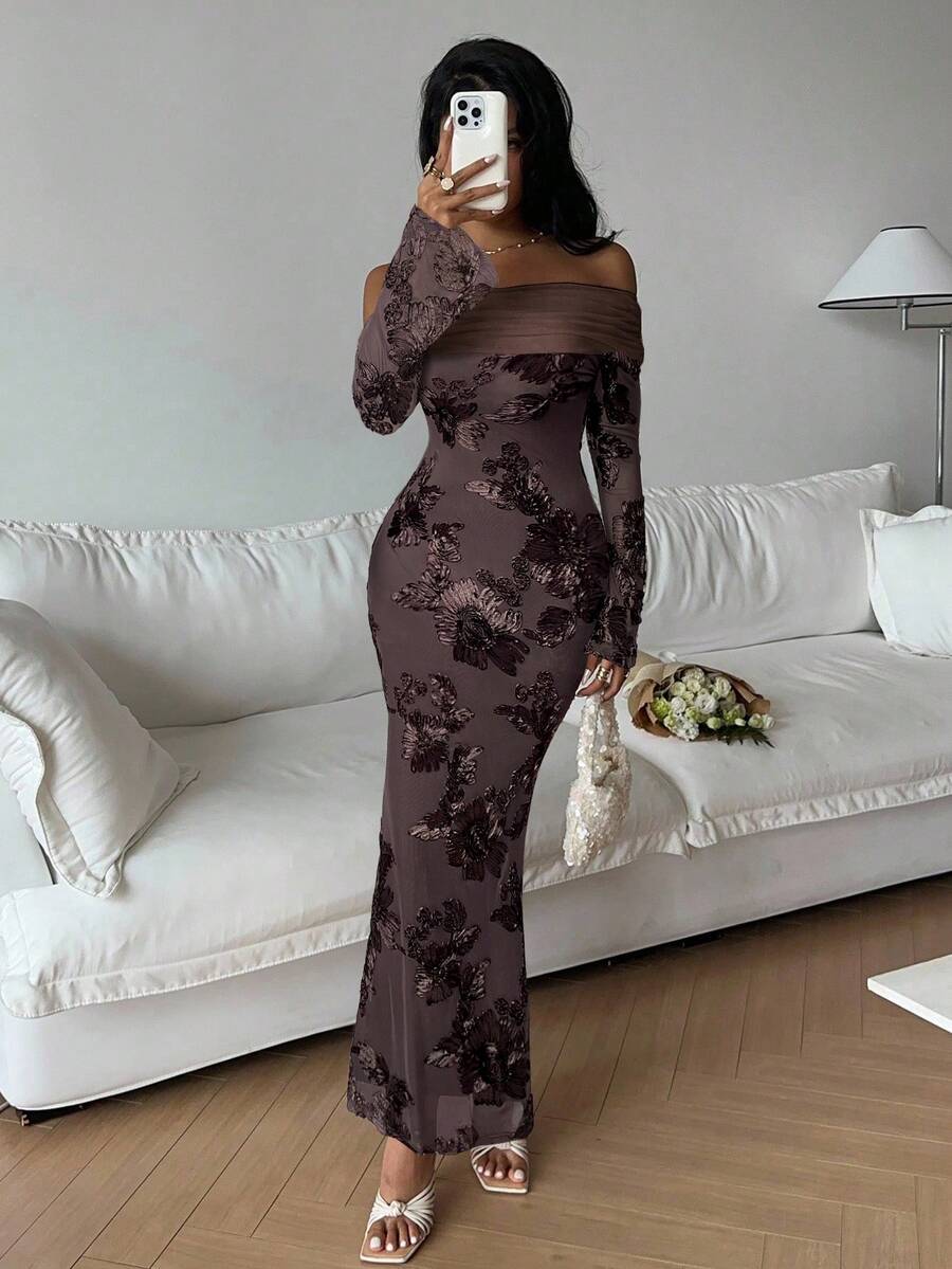 Serisse Women's Elegant Floral Embroidery Off-Shoulder Mid-Length Dress, Autumn Winter Brown Long Bodycon Dress Long Sleeve Elegant Dress Spring - Coffee Brown - View 1