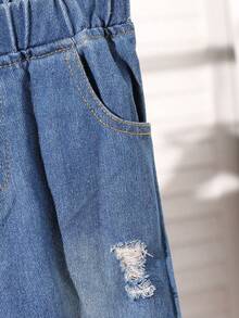 一套男童休闲时尚酷炫卡通熊印花长袖圆领卫衣和牛仔长裤套装，适合秋冬季休闲外出穿着。 - 黑色 - 查看 4