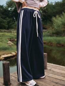Medorelle Pantalon ample décontracté à jambes larges avec taille contrastée, cordon de serrage et rayures latérales, doublé thermique pour femmes en automne/hiver - Bleu marine - Voir 6