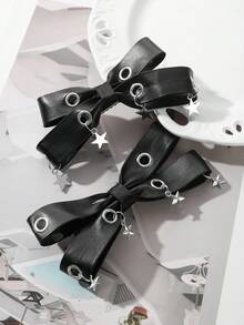ROMWE Grunge Punk 2个Y2K风格复古优雅朋克哥特黑色皮革双透气蝴蝶结装饰DIY发夹爪发卡，适合姐妹、朋友日常佩戴或节日礼物，万圣节 - 黑色-14 - 查看 5