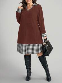SHEIN LUNE Vestido casual holgado de manga larga a cuadros y de punto elástico en talla grande 2 en 1 - Café integral - Ver 5