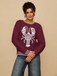 Travachic Áo len chui đầu họa tiết tôm hùm cỡ lớn dành cho nữ màu tương phản, thích hợp cho ngày lễ, mùa thu/đông - Màu Đỏ Sâu - Xem 4