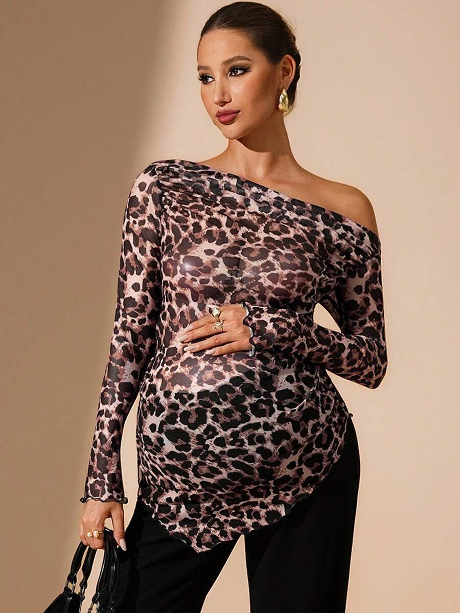 MaterniChic Maternity Leopard Print Oblique Shoulder Long Sleeve T-Shirt Sexy Maternity Dress Cheetah Print Top Maternity Tops One Shoulder Top Plus Leopard Top - Grey - View 1