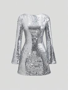 Sweetra Petite Váy sequin cao cấp mới cho mùa thu/đông, váy dự tiệc - Bạc - Xem 1