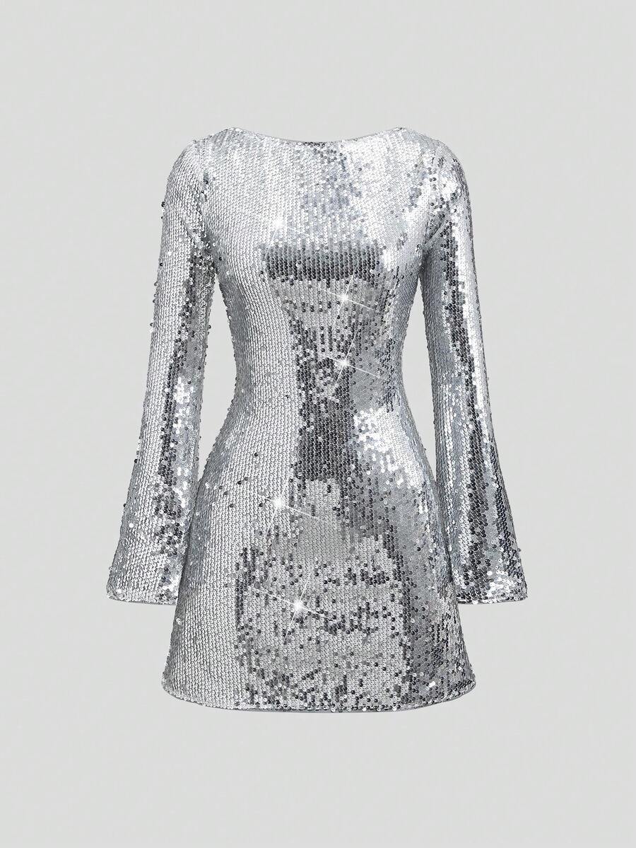 Sweetra Petite Váy sequin cao cấp mới cho mùa thu/đông, váy dự tiệc - Bạc - Xem 1