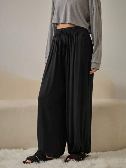 HautHeat Women's Solid Color Waist Tie Loose Fit Palazzo Pants, Loungewear