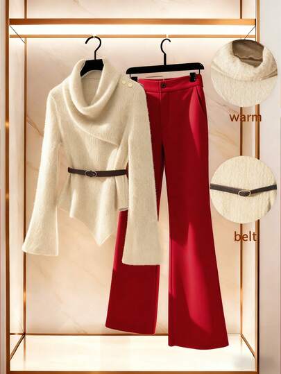 Franclia 2pcs/Set Women High Collar Long Sleeve Knit Top With Belt Decor And Flare Pants