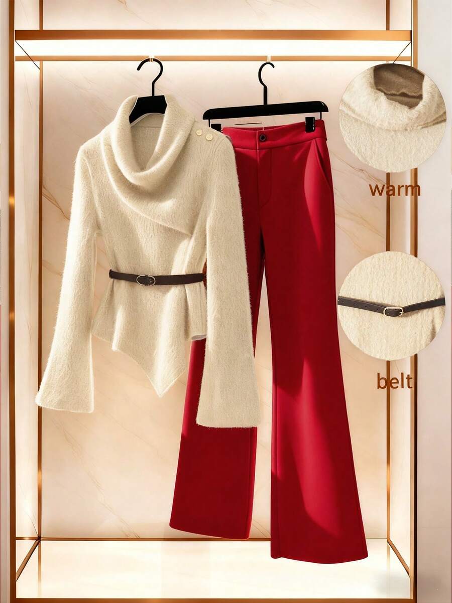 Franclia 2pcs/Set Women High Collar Long Sleeve Knit Top With Belt Decor And Flare Pants - Red - View 1