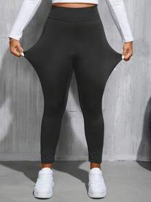 SHEIN Essnce Plus Size Women's Spring And Autumn Leisure Sports High Waist High Elastic Comfortable Black Slim Leggings,Women Bottom,Street Wear,Curve Pants,Basics Pants,Fall Outfits,Y2k Pants