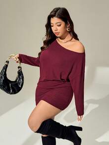 Auralis Women's Plus-Size Elegant Off-Shoulder Long-Sleeved Short Dress,Burgundy,Autumn,Smart Casual,Night Out Club Curve Outfits For Christmas & New Year - Red - View 2