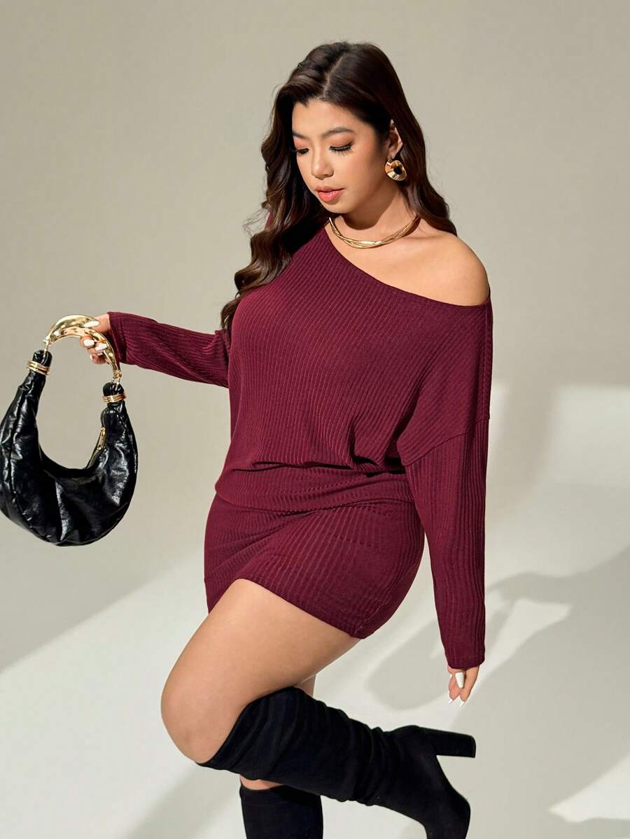 Auralis Women's Plus-Size Elegant Off-Shoulder Long-Sleeved Short Dress,Burgundy,Autumn,Smart Casual,Night Out Club Curve Outfits For Christmas & New Year