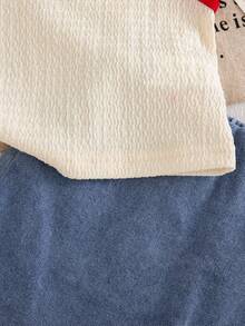 Genkimix Kids 2件套女童夏季新款杏色针织面料翻领拼接爱心装饰背心上衣和牛仔短裙，荷叶边刺绣樱桃花卉复古可爱套装