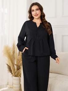 Modelyn 2pcs/Set Plus Size Solid Color Casual Long Sleeve Top And Loose Pants - Black - View 6