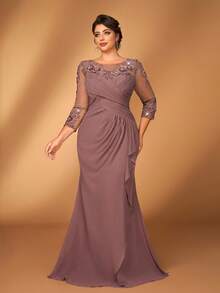 Serin 大码女士优雅灰粉色雪纺圆领薄纱长袖褶皱亮片贴花装饰美人鱼裙摆连衣裙，适合新娘/新郎母亲出席婚礼、正式活动、派对等场合。 - 藕粉色 - 查看 4