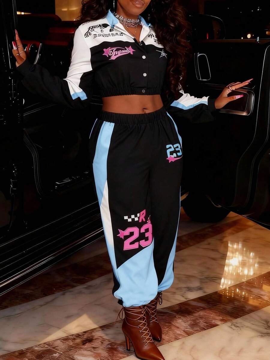 Slaydiva 2025新款秋冬休闲基础款街头赛车队图案两件套 - 女式裙子和外套 Y2K女式两件套 两件裤装 Y2K两件套 女式两件套 夜店两件套 - 彩色 - 查看 1