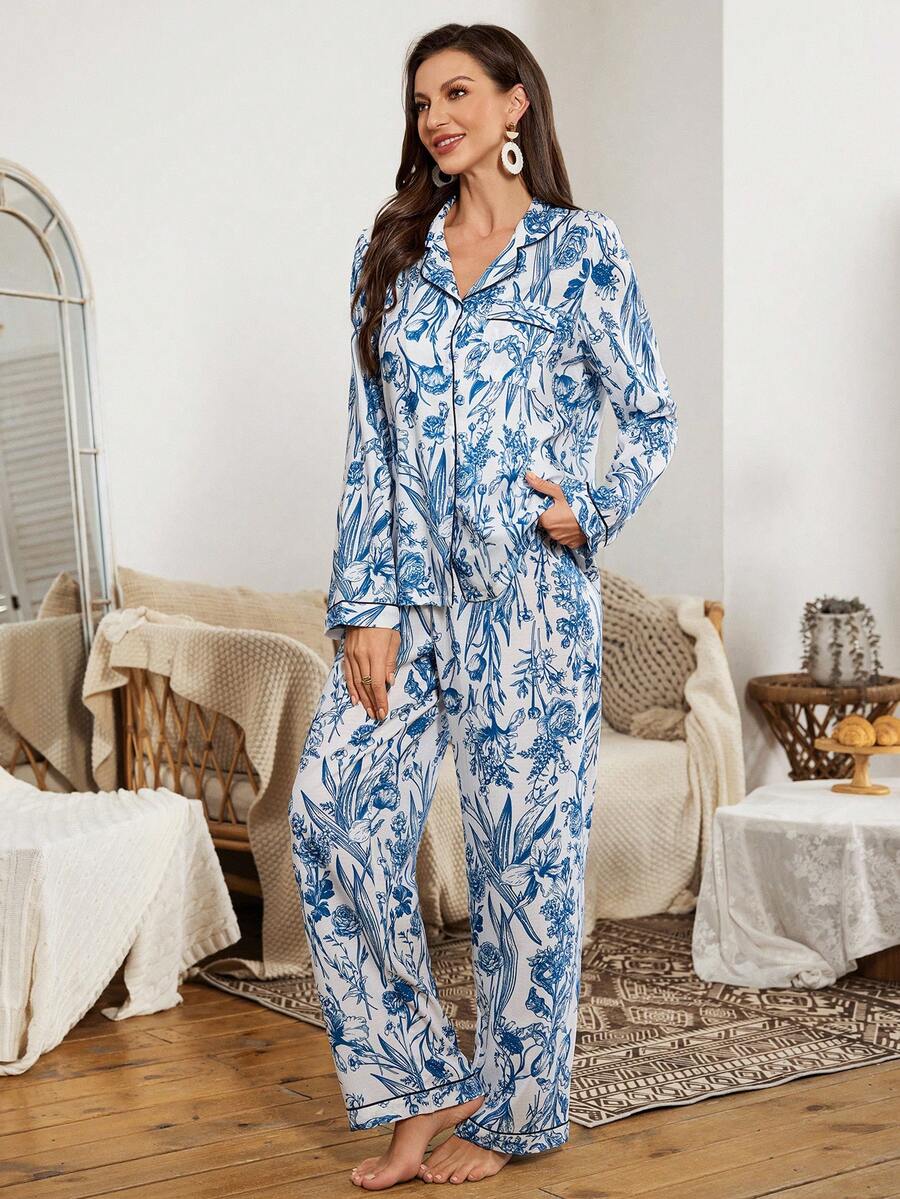 Serenescape 花卉植物印花泡泡褶皱衬衫式女士睡衣套装 蓝白睡衣 蓝色睡衣套装 女士家居服套装 - 藍色 - 查看 1