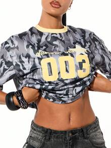 SUMWON WOMEN Camouflage Printed Varsity Tee With Contrast Collar And Star Details Short Sleeve Top For Casual Streetwear - Brown - View 5