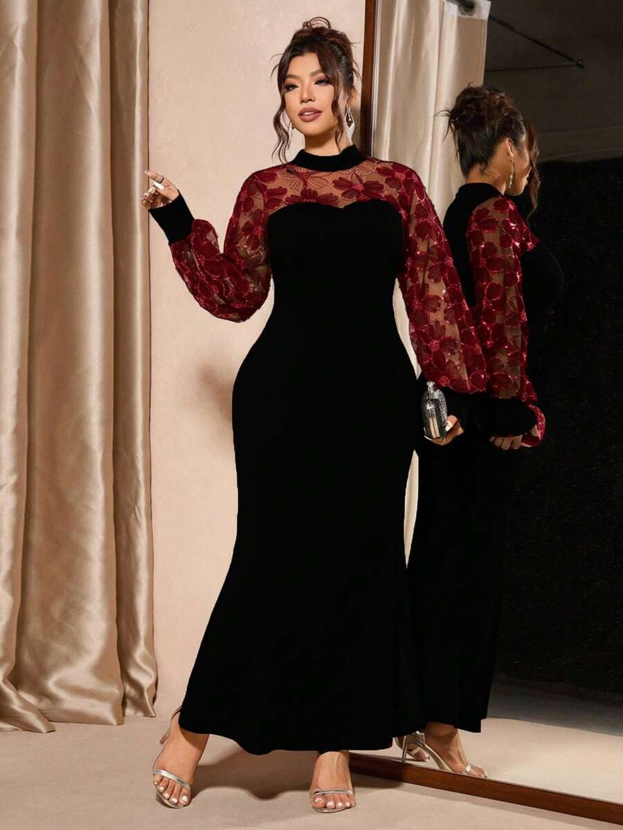 Cravure Đầm đuôi cá cổ cao tay phồng đính sequin thêu họa tiết, cỡ lớn, màu đen, đầm cỡ lớn, đầm dạ hội màu đỏ tía, đầm dành cho người có thân hình đầy đặn, đầm thanh lịch, đầm cỡ lớn sang trọng, đầm thanh lịch cho phụ nữ, đầm đính sequin, đầm lấp lánh, trang phục dự tiệc, đầm đỏ, đầm màu đỏ tía. - Nhiều màu - Xem 1