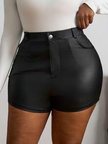 SHEIN PETITE CURVE Große Größen einfarbige Shorts mit schräger Tasche und hoher Taille aus PU-Leder - Schwarz - Übersicht 4