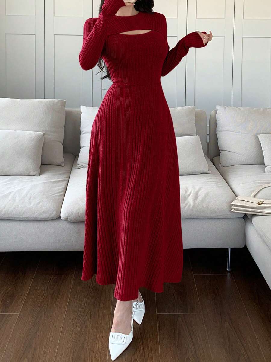 Feyla 女士纯色圆领长袖休闲中长连衣裙长款晚礼服 - 酒紅色 - 查看 1