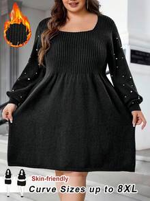 SHEIN CURVE+ Christmas Plus-Size Women's Beaded Square-Neck Dress, Winter Woolen Dress - Black - View 7