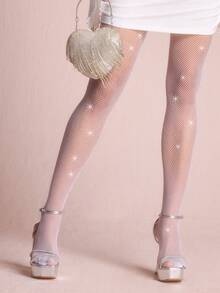 ROMWE Grunge Punk 1 Pair Women Rhinestone Fishnet Stockings, Sexy Black Sheer Elastic Legging Tights - White - View 2