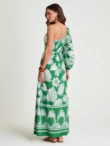 CAJUNI Women's Tropical Plant Green Floral Print Lantern Sleeve Casual Long Dress,Autumn Boho Vacation Holiday,Hawaii Green Maxi Dress,Palm Tree Dress - Green - View 3